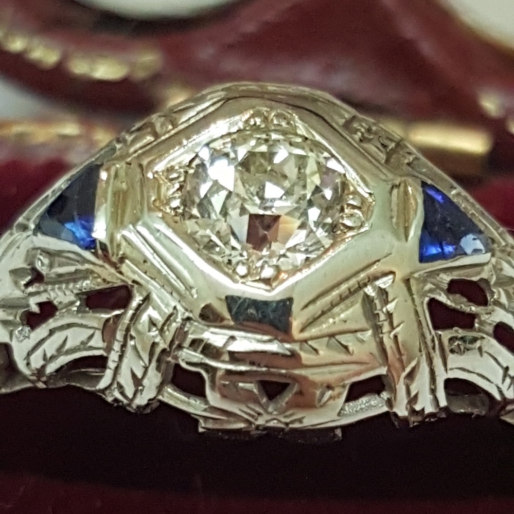 Antique 18k White gold 100% Natural .61ct Diamond Sapphire Ring - Picture 6 of 8
